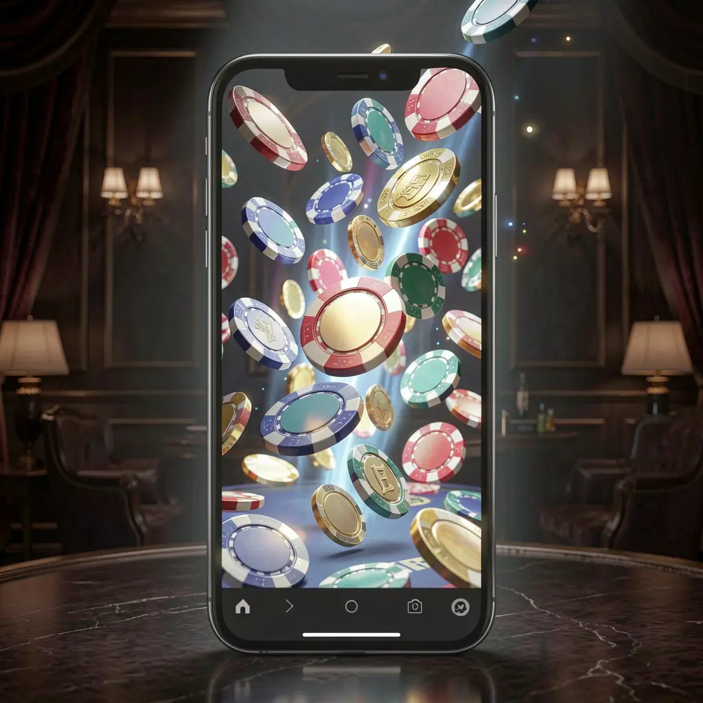 Q880 online gaming app displayed on a smartphone screen with glowing casino chips and coins emerging, set against a luxury dark background with cinematic lighting in a high detail 3D render Q880 online gaming app displayed on a smartphone screen with glowing casino chips and coins emerging, set against a luxury dark background with cinematic lighting in a high detail 3D render