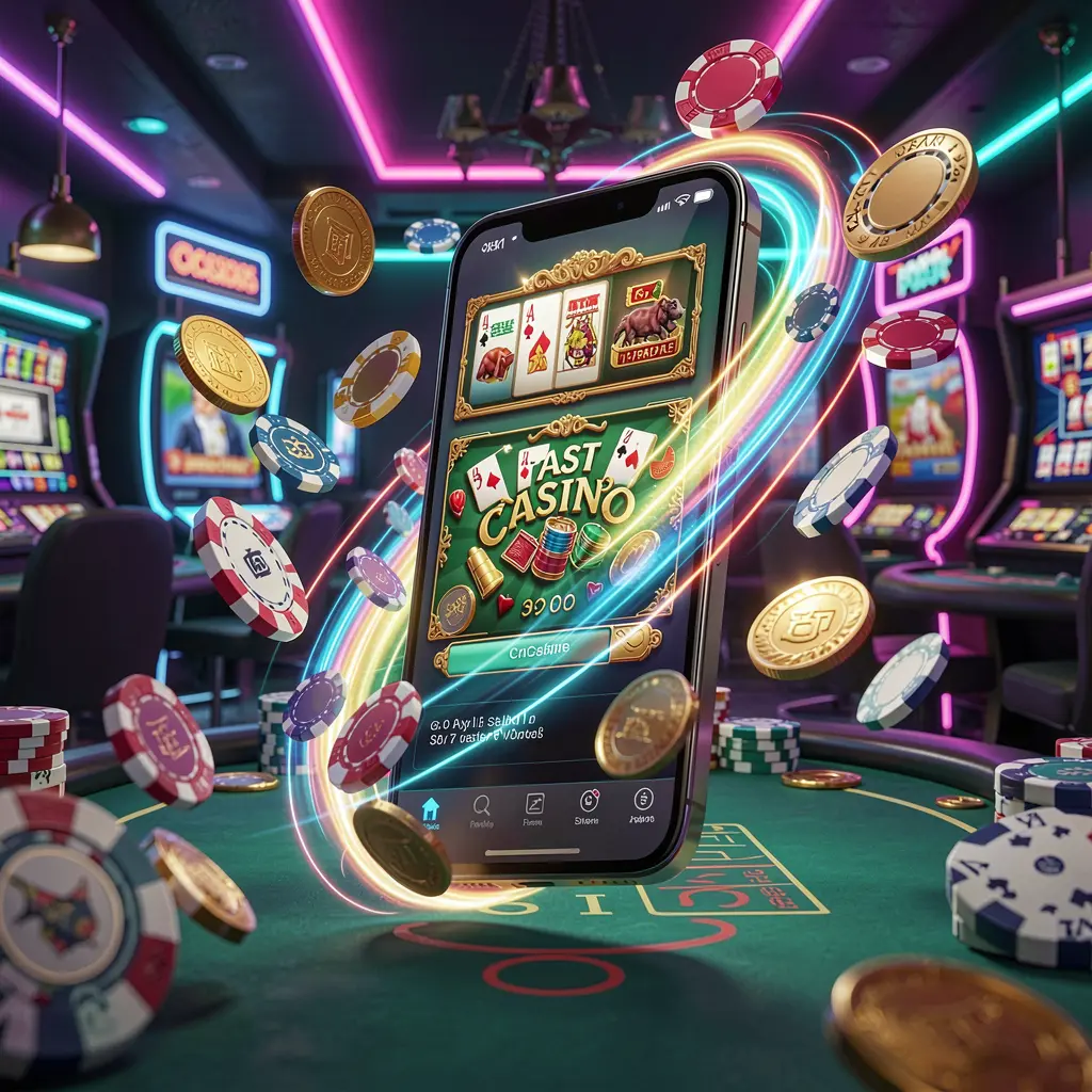 Q880 fast casino app access visual featuring a smartphone with speed light trails, coins and chips flying around against a modern neon casino background in a dynamic 3D render Q880 fast casino app access visual featuring a smartphone with speed light trails, coins and chips flying around against a modern neon casino background in a dynamic 3D render