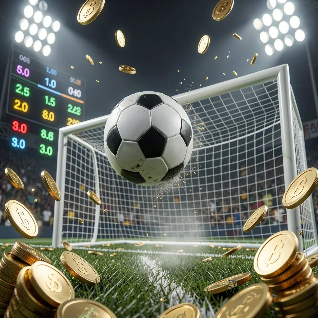 Q880 premium match betting visual showing a soccer ball flying toward the goal in a stadium with floodlights, glowing odds interface, and golden coins creating a dynamic sports betting atmosphere Q880 premium match betting visual showing a soccer ball flying toward the goal in a stadium with floodlights, glowing odds interface, and golden coins creating a dynamic sports betting atmosphere