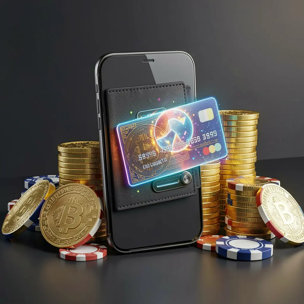 Q880 deposit bonus concept featuring a smartphone wallet with a glowing payment card, surrounded by golden coins and poker chips in a modern mobile casino style Q880 deposit bonus concept featuring a smartphone wallet with a glowing payment card, surrounded by golden coins and poker chips in a modern mobile casino style