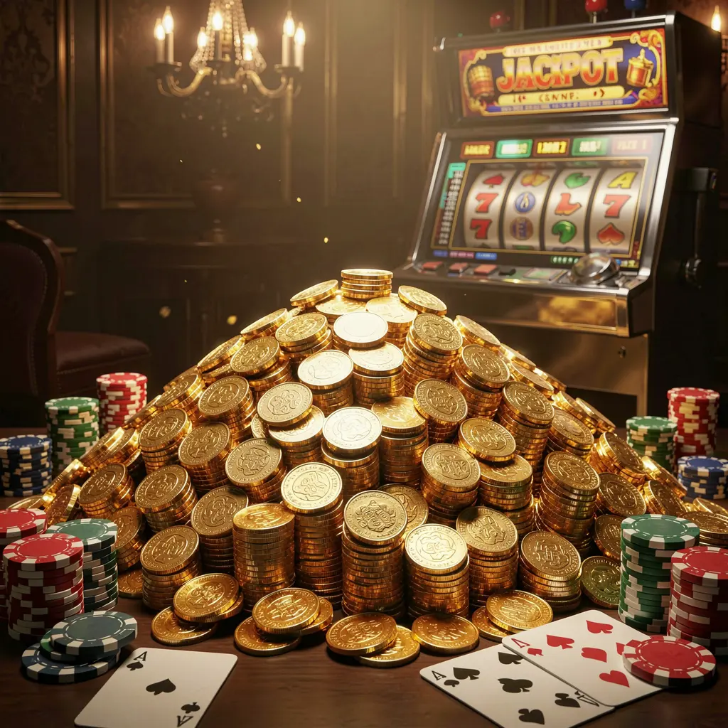 Q880 jackpot bonus scene featuring a huge pile of golden coins, a slot machine in the background, poker chips, and playing cards illuminated by cinematic luxury lighting Q880 jackpot bonus scene featuring a huge pile of golden coins, a slot machine in the background, poker chips, and playing cards illuminated by cinematic luxury lighting