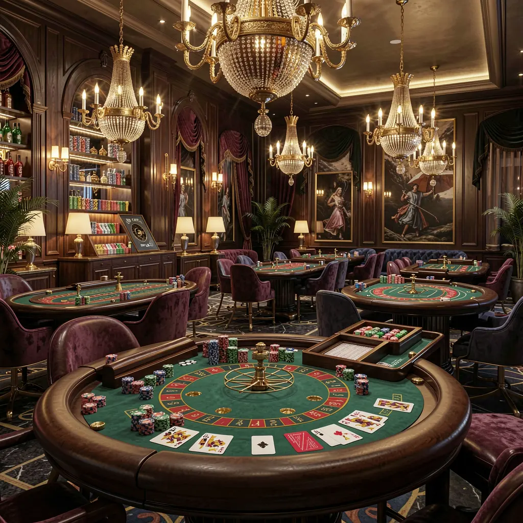 Q880 high-end casino lobby featuring golden lights, roulette tables with chips and cards, elegant premium design against a dark cinematic background in an ultra detailed 3D render Q880 high-end casino lobby featuring golden lights, roulette tables with chips and cards, elegant premium design against a dark cinematic background in an ultra detailed 3D render
