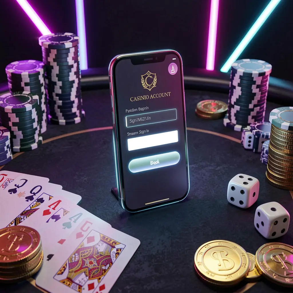 Q880 casino account sign in scene with a glowing smartphone on a casino table surrounded by cards, chips, dice, and gold coins against an elegant dark background with neon highlights Q880 casino account sign in scene with a glowing smartphone on a casino table surrounded by cards, chips, dice, and gold coins against an elegant dark background with neon highlights