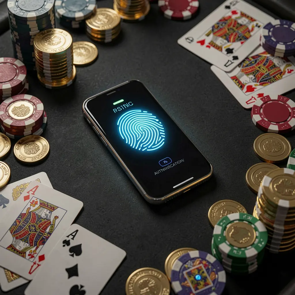 Q880 online casino authentication concept showing a phone with a glowing fingerprint scan on a premium black table surrounded by poker chips, golden coins, and playing cards in a cinematic 3D render Q880 online casino authentication concept showing a phone with a glowing fingerprint scan on a premium black table surrounded by poker chips, golden coins, and playing cards in a cinematic 3D render